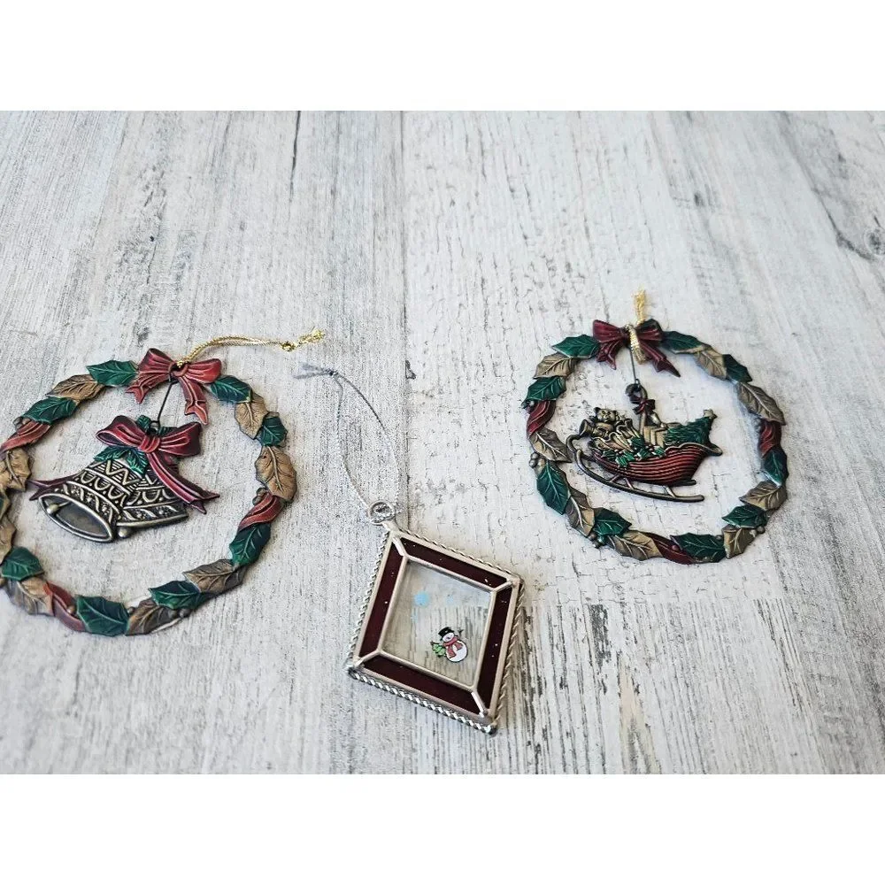 Russ metal wreath ornament glass snowman sleigh bell‎ Xmas tree lot set